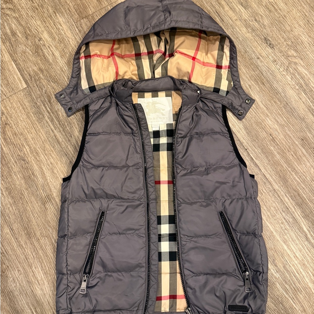 Burberry Beige Plaid Quilted Hooded Vest with Gray Shell